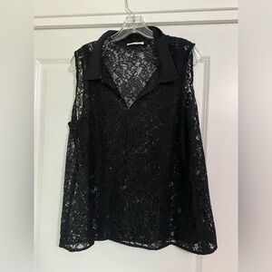 Calvin Klein Lace Sheer Collared Blouse